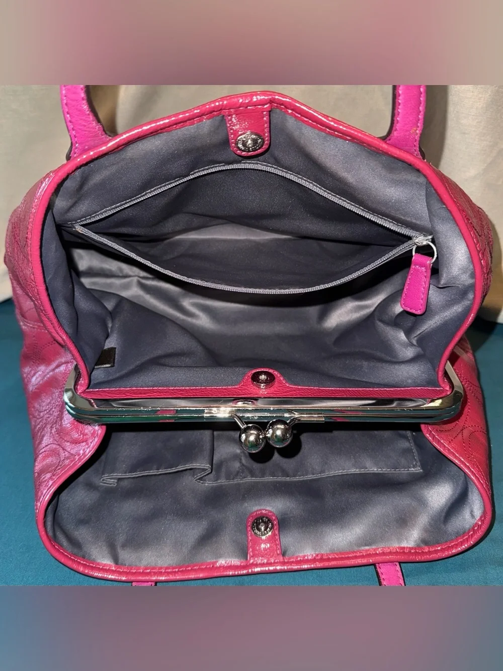 Coach F1182-F15658 Fuchsia Patent Leather Kiss-Lock Satchel